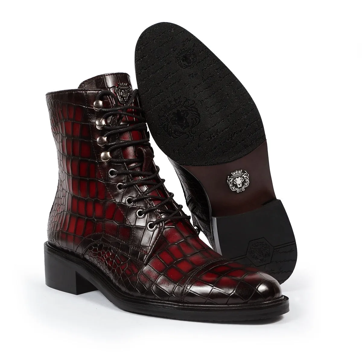 Smokey Wine High Ankle Boot in Croco Textured Leather