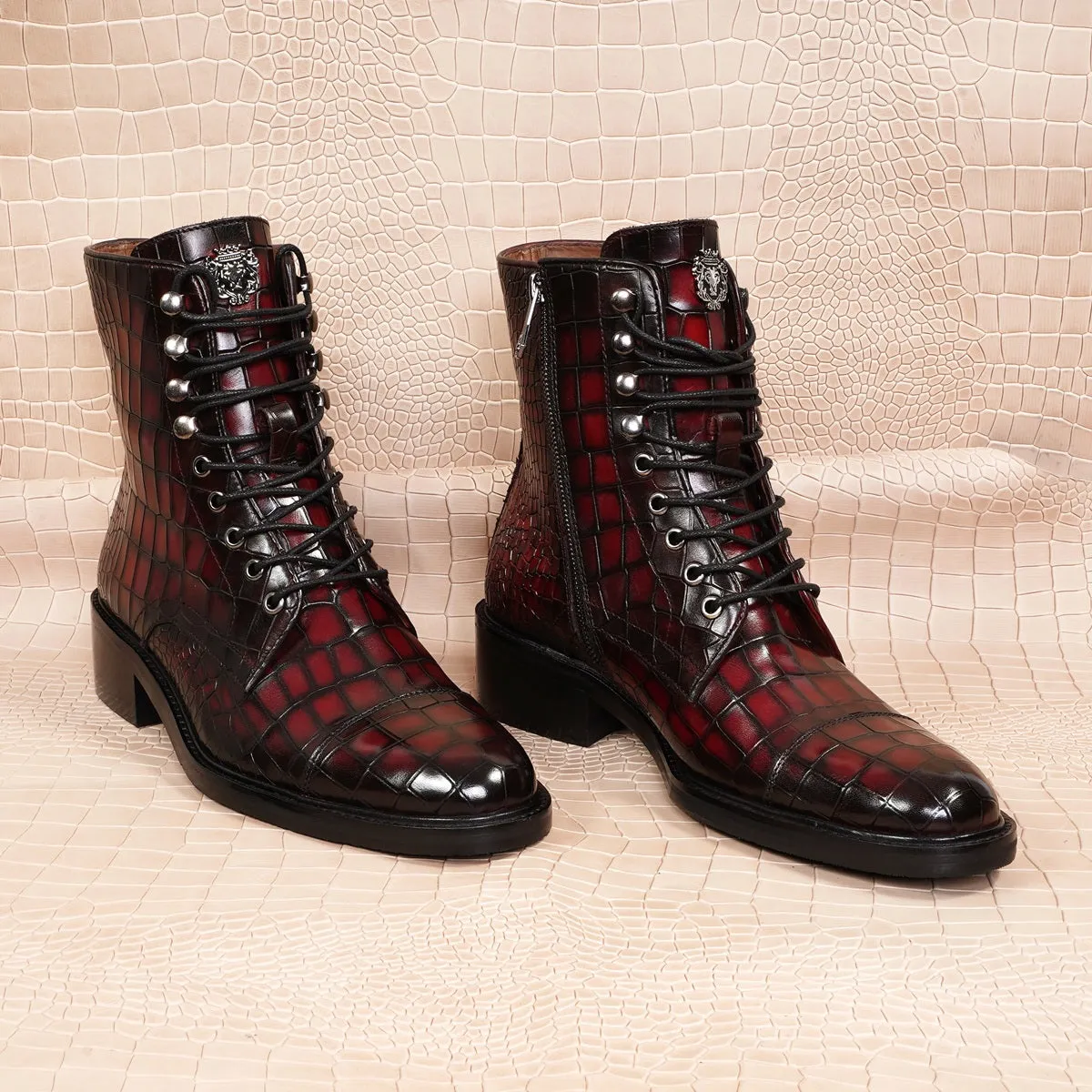 Smokey Wine High Ankle Boot in Croco Textured Leather