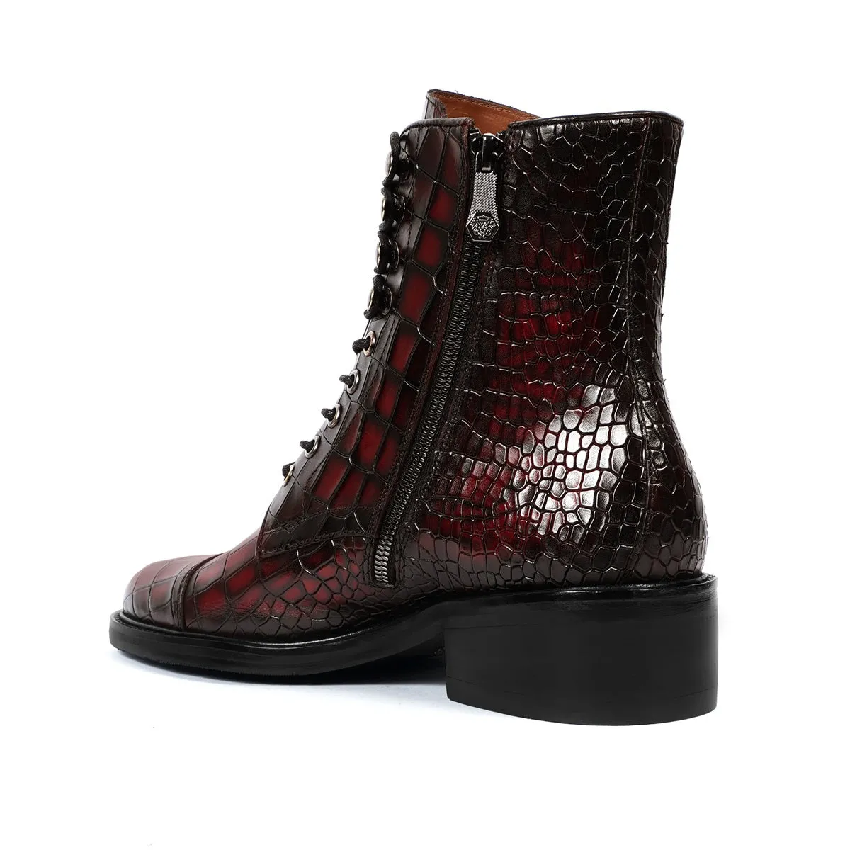 Smokey Wine High Ankle Boot in Croco Textured Leather