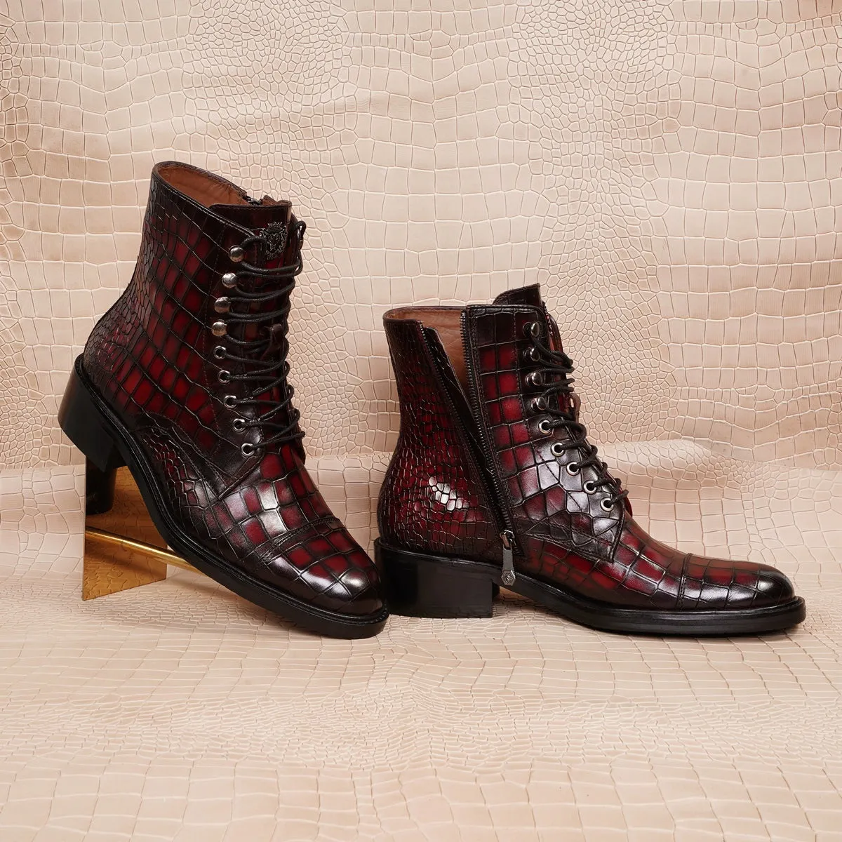 Smokey Wine High Ankle Boot in Croco Textured Leather