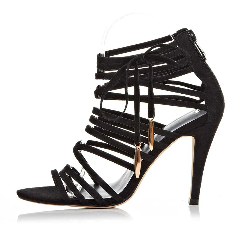 Stiletto Heel Suede Peep-toe Straps Zipper Sandals