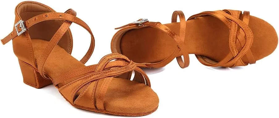 SWDZM Girls Latin Dance Shoes Low Heel Satin Ballroom Salsa Pratice Dance Shoes,Model EM-New Child