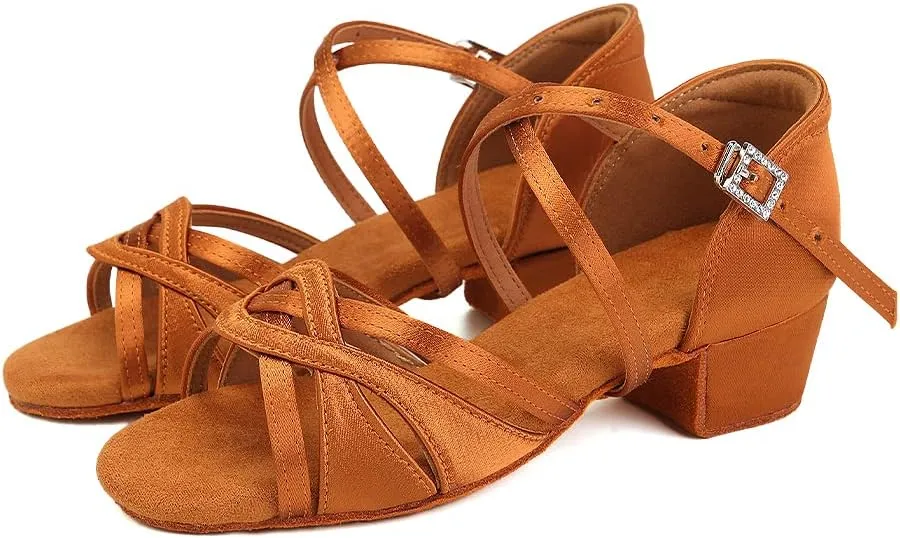 SWDZM Girls Latin Dance Shoes Low Heel Satin Ballroom Salsa Pratice Dance Shoes,Model EM-New Child