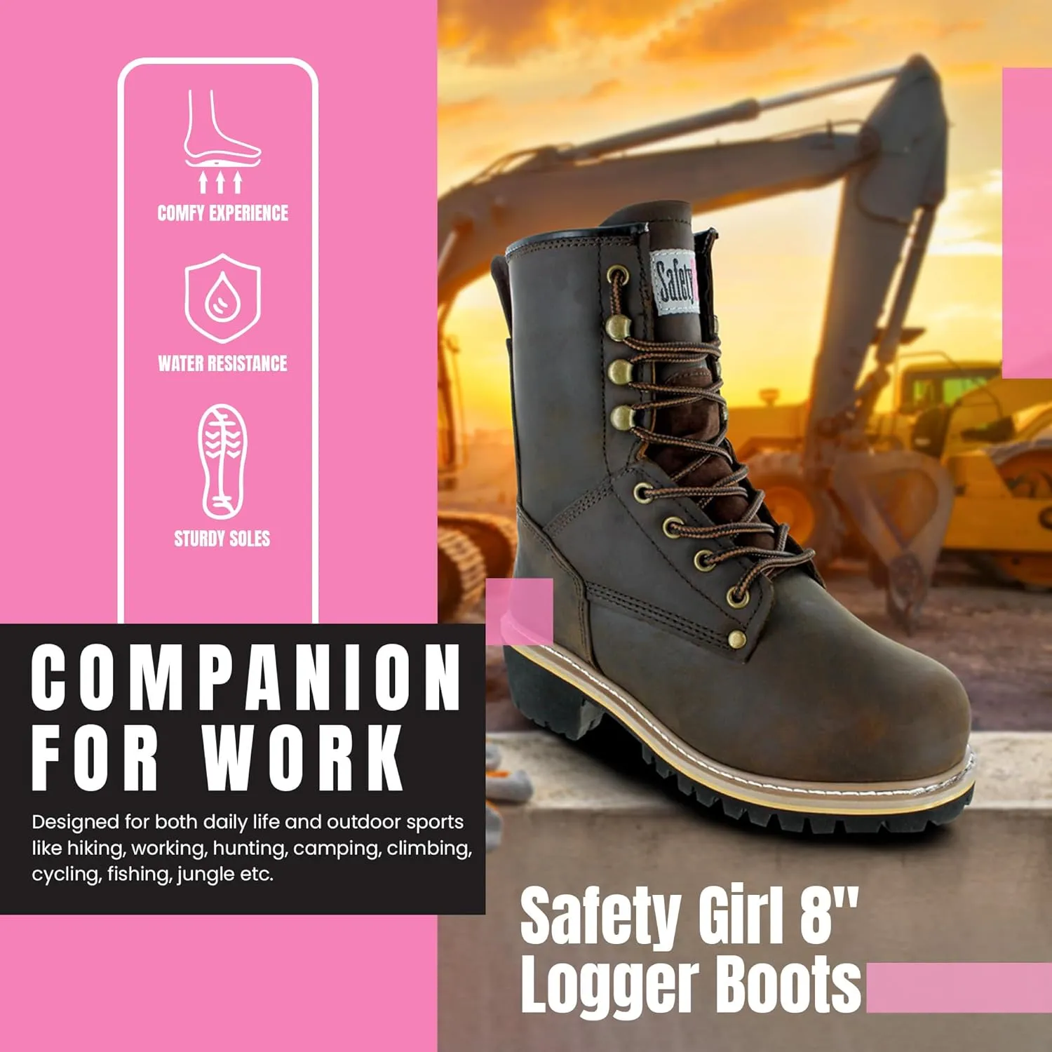 Women's Logger Boots - 7.5M | Construction for Women with Steel Toe, Water-Resistant Full-Grain Leather, Cushioned Insole, Goodyear Welt Outsole | 8" Logger Work - Dark Brown
