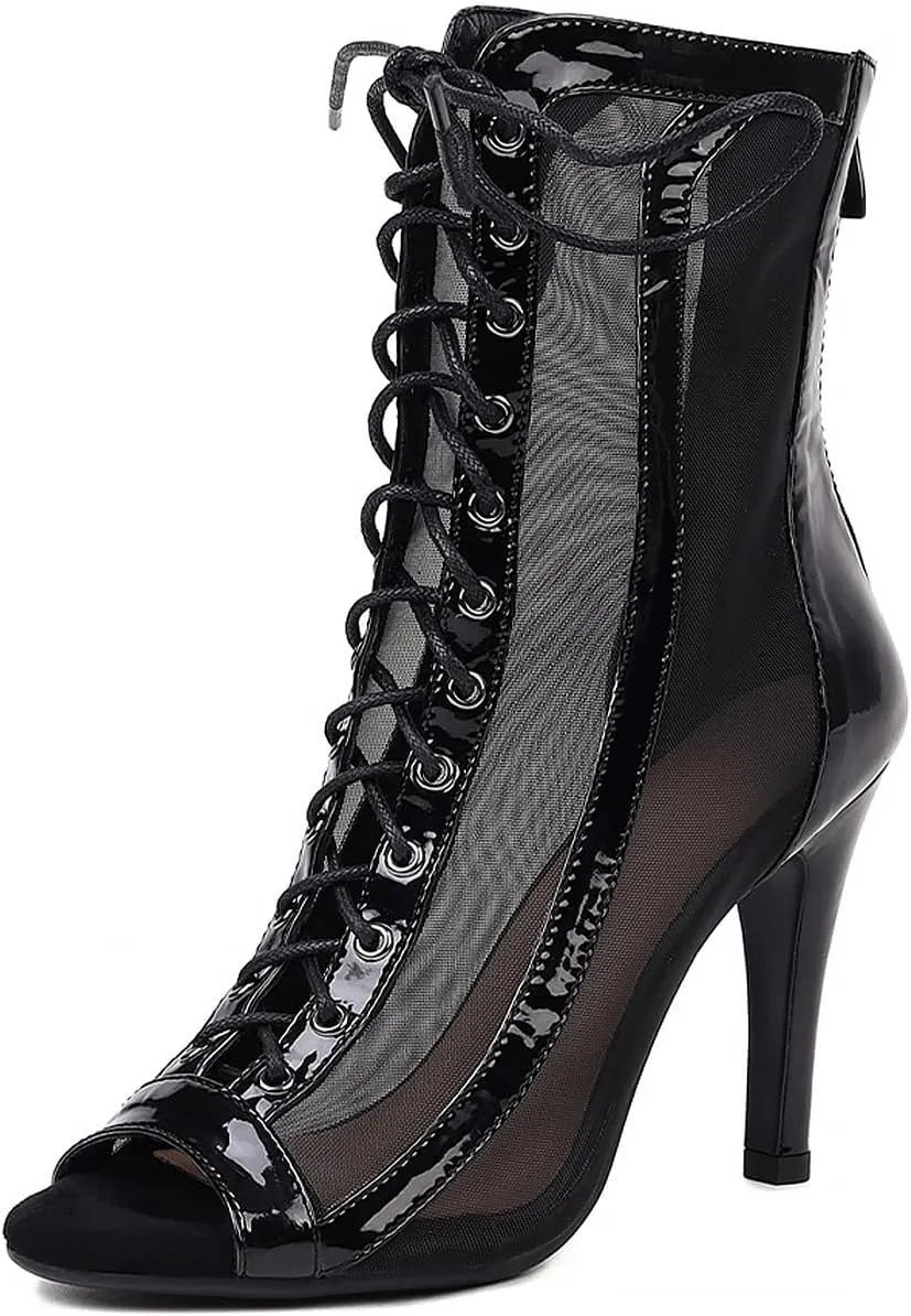 YKXLM Latin Dance Boots Salsa Women Ballroom Lace-up Ankle Open Toe Dance Shoes,953,3 inch Heel,Black,8 US