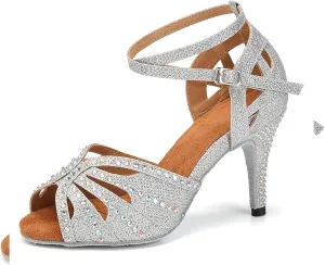 YKXLM Women Rhinestone Ballroom Dance Shoes Latin Performance Dance Shoes Women Suede Sole,L162,3 1/3 inches Heel,Silver,5.5 US